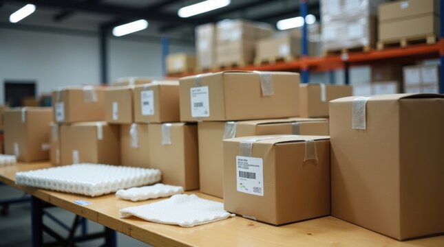 Mesa de embalaje con cajas selladas listas para el env&iacute;o y etiquetas colocadas, preparaci&oacute;n de pedidos