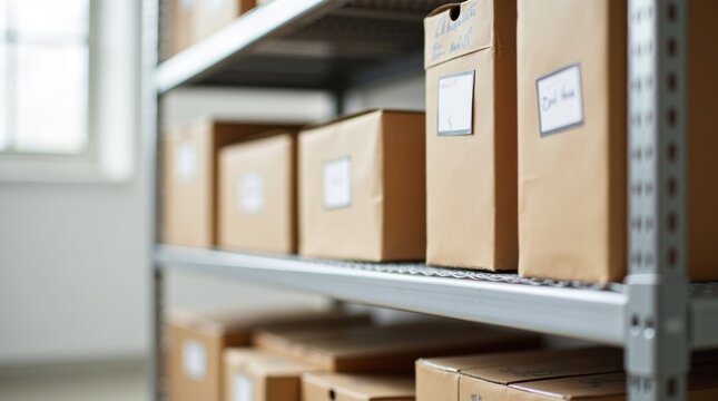 Cajas de almacenamiento ordenadas en el estante, organizaci&oacute;n del inventario