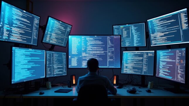 Espacio de trabajo con m&uacute;ltiples pantallas que muestran diferentes ventanas superpuestas ca&oacute;ticamente