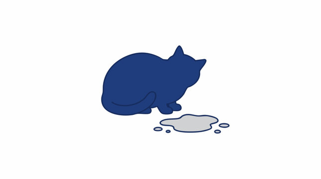 Blue cat silhouette with spilled liquid on a clean white background