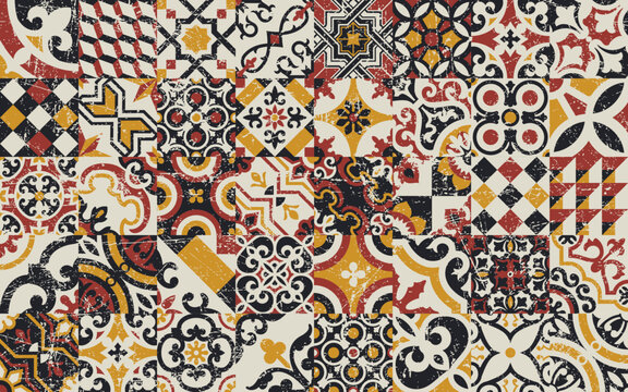Encaustic cement hydraulic tiles patchwork wallpaper vintage vector seamless pattern for fabric cloth rug carpet pillow tablecloth grunge effect in separate layer