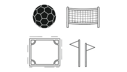 Soccer Essentials Illustration: A minimalist illustration of essential soccer equipment including soccer ball, net, field and corner flag representing the essence of sport © mstmahmuda