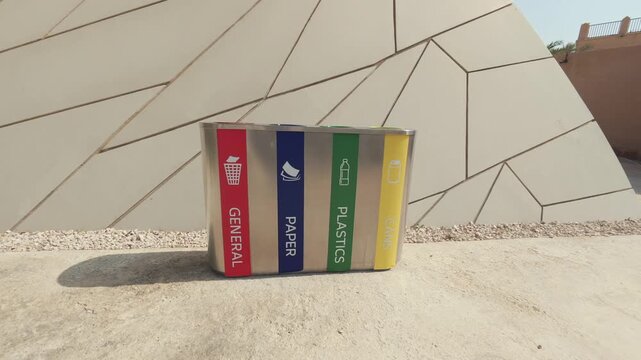Colorful recycling bins line a concrete area. Red bin marks general waste, blue paper, green plastic. Yellow bin's label is not visible here. Sunlight casts sharp shadows on the ground