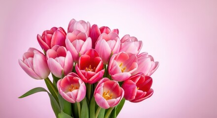Fototapeta premium Soft pink tulips bouquet in clear vase against blurred pastel background flowers