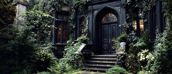 Fototapeta premium Dark gothic castle facade covered with ivy and greenery in a mysterious forest setting. Atmospheric historic architecture concept for fantasy storytelling, tourism