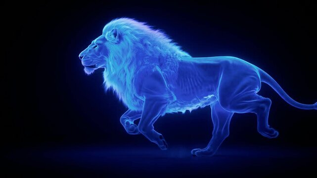 Beautiful majestic glowing electric blue translucent holographic lion in dynamic running pose on dark background futuristic digital artwork
