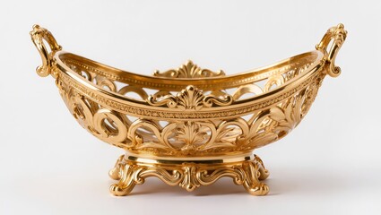 Fototapeta premium Antique Gold Filigree Bowl with Handles Isolated on White Background