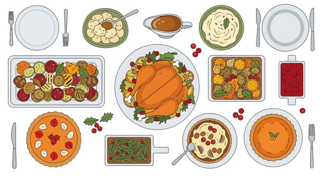 Traditional Thanksgiving dinner table with roasted turkey, mashed potatoes, stuffing, pumpkin pie, and various side dishes, served on a festive holiday table with a white background, in a co