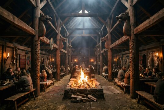 Medieval Viking longhouse feast with people gathered around a central bonfire and carved wooden posts, smoky rustic interior evoking Nordic communal celebration