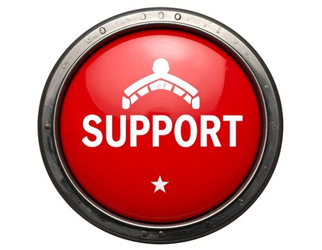 A red button with a white support text and symbol