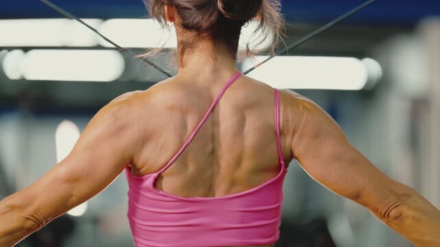 Muscular woman training back and shoulders on cable crossover machine