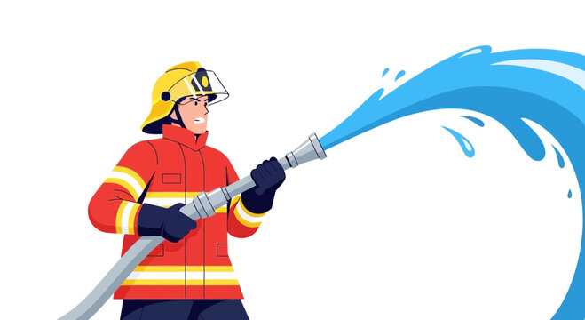 Firefighter in action, wearing red coat and yellow helmet, spraying water from hose, cartoon style, emergency response context, firefighting scene, heroic gesture.
