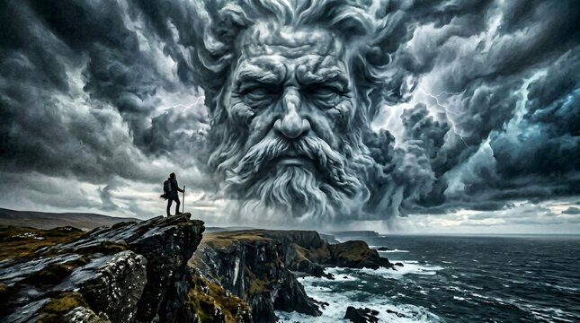 Adventurer on a rugged cliff faces a colossal godlike face formed from storm clouds over a turbulent ocean, symbolizing natures power, challenge, and determination