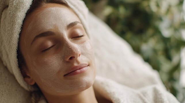 Young woman with her eyes closed, resting her head on a white towel. she has a facial mask on her face, which appears to be a type of facial treatment.