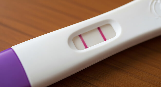 Positive pregnancy test displaying two pink lines indicating a likely pregnancy on transparent background
