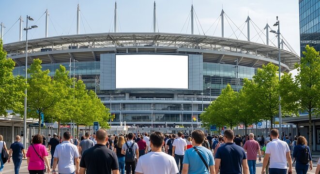 Crowd walking towards stadium for soccer match.