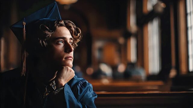 A thoughtful graduate gazes ahead, lost in reflection after achieving a significant milestone. Ideal for education, career, and achievement-focused ma