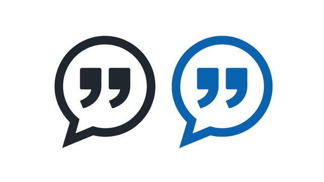 Quote marks in speech bubbles black and blue icons on transparent background for dialogue and citation