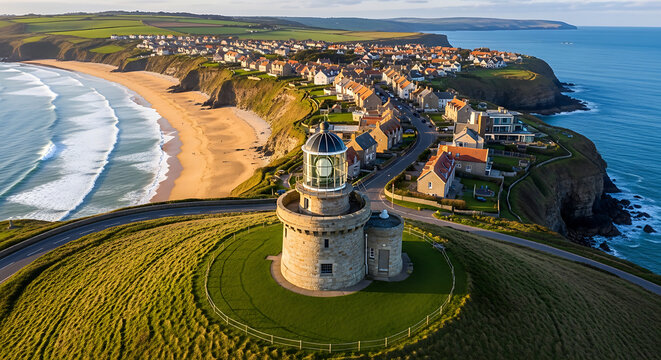 Coastal village and lighthouse view in Cornwall England on transparent background
