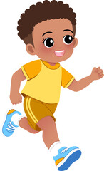 A young boy runs energetically in a sports setting wearing athletic gear. © Salma