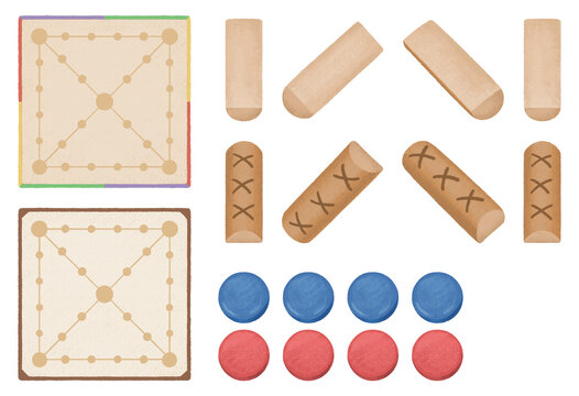 Korean traditional board game Yutnori set illustration isolated on transparent background. Collection of Yut sticks, game board, and markers for New Year (Seollal) and cultural design. PNG format.