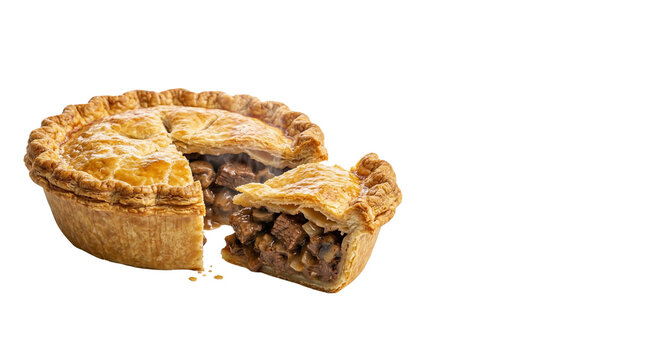 Traditional savory meat pie with golden flaky crust, hearty beef and gravy filling, rustic homemade pastry for dinner and pub menus isolated PNG with Transparent Background