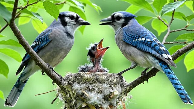 Blue Jay Family Nesting Parent Feeding Chick Close-up Detail Stock Footage