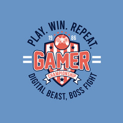 Gamer championship joystick with play win reapeat slogan graphic design © Saranya