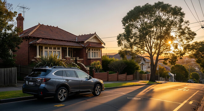 Subaru parked on a residential street with a house and sunset on transparent background