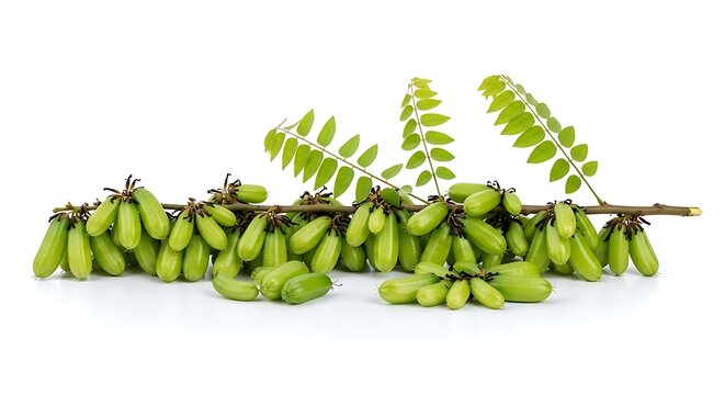Green bilimbi fruits on branch against white background studio shot