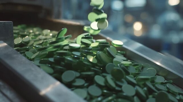 Bioplastic pellets cascading from a stainless steel mold in a sunlit industrial lab, technicians in white coats inspecting translucent green discs under magnification lamps, perfec