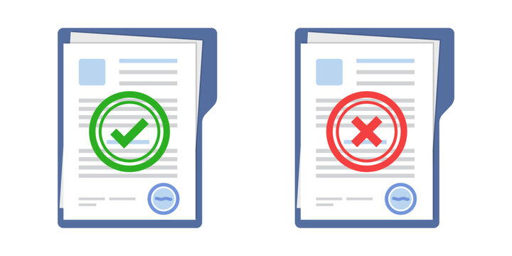 Approved and rejected document icon in flat style. Completed file vector illustration on isolated background. Report sign business concept.