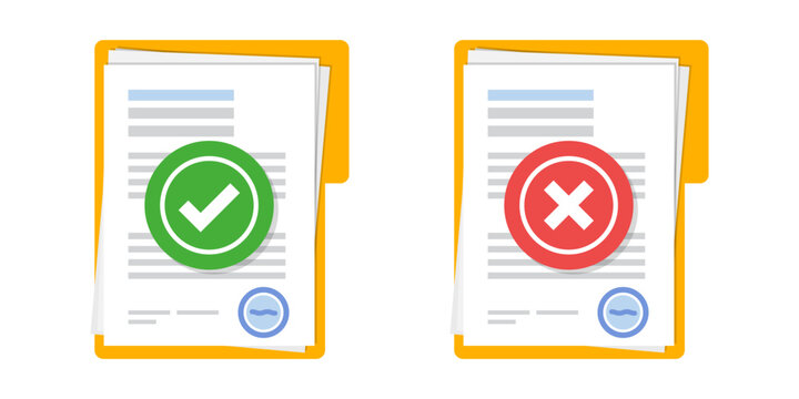 Approved and rejected document icon in flat style. Completed file vector illustration on isolated background. Report sign business concept.