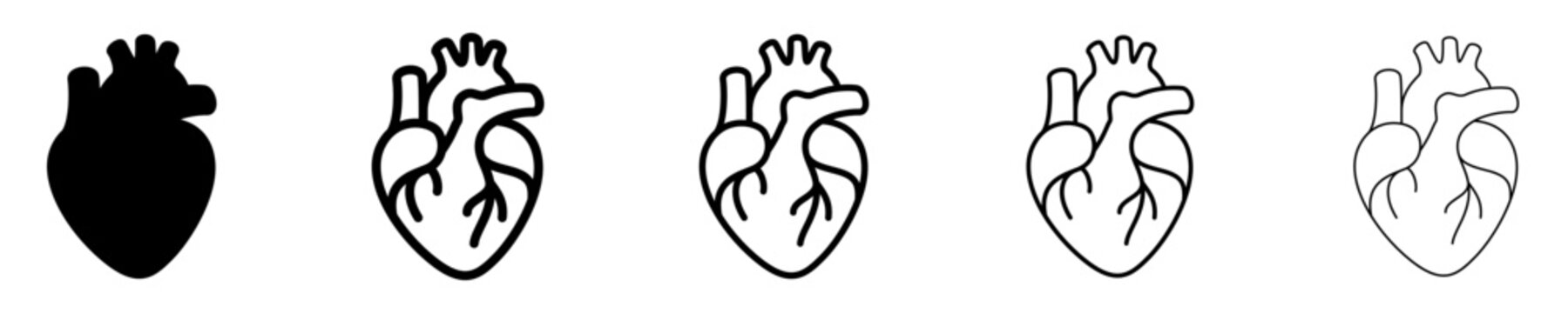 A set of graphic icons of a anatomical human heart anatomical with various outline thicknesses and a solid fill version. Vector illustration.
