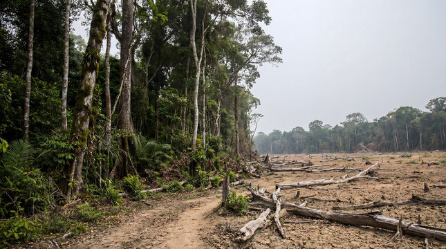 Deforestation showing dry land and felled jungle trees