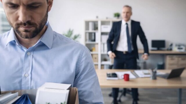 Businessman with box cardboard packing personal items after losing jobs.
