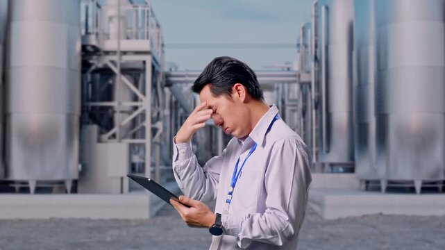 Side View Of An Asian Male Worker With His Tablet at Industrial Chemical Plant with Row of Stainless Steel Storage Silos, Checking With Dissapionted And Nodding His Head 