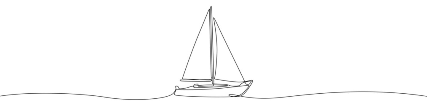 Illustration of a sailing yacht on the water, made in one continuous line. Minimalist sailboat drawing with a black stroke on a white background, vector illustration.