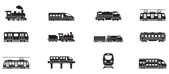 Train icon set. Comprehensive set of black vector icons illustrating various types of trains and locomotives. Vector Illustration. EPS 10 © Jeremy_Show