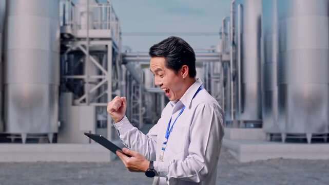 Side View Of An Asian Male Worker With His Tablet at Industrial Chemical Plant with Row of Stainless Steel Storage Silos, He Raises His Fist Up With Screaming Goal After Check On The Tablet