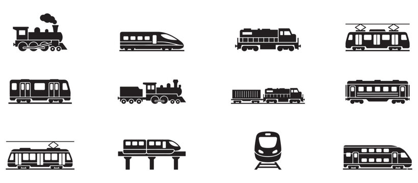 Train icon set. Comprehensive set of black vector icons illustrating various types of trains and locomotives. Vector Illustration. EPS 10