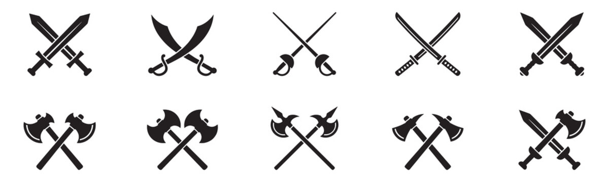 Crossed sword and axe icon. Medieval sword and axe icon. Vector Illustration. EPS 10