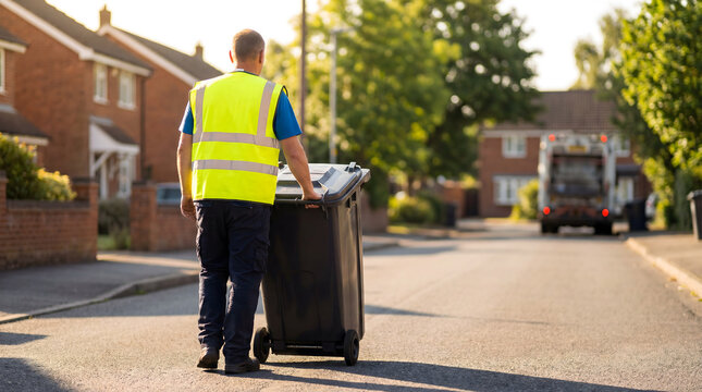 Sanitation worker collecting trash bin along residential street