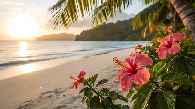 A serene beach scene in India at sunset with vibrant flowers and palm trees