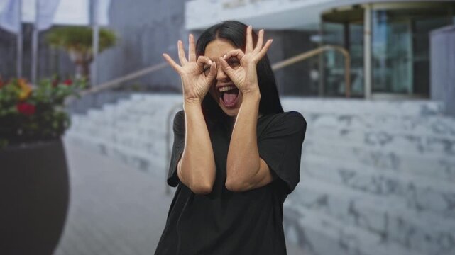 Woman making hand binoculars to eyes at building entrance, hands framing face with tongue out and laughing wide smile; playful spontaneity.