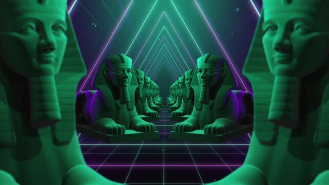 4K seamless turquoise and lilac VJ loop tunne of futuristic geometric Sphinx head statue with glowing circuits against a dark abstract pyramid for VJ sets, festivals, stage screens and LED video walls