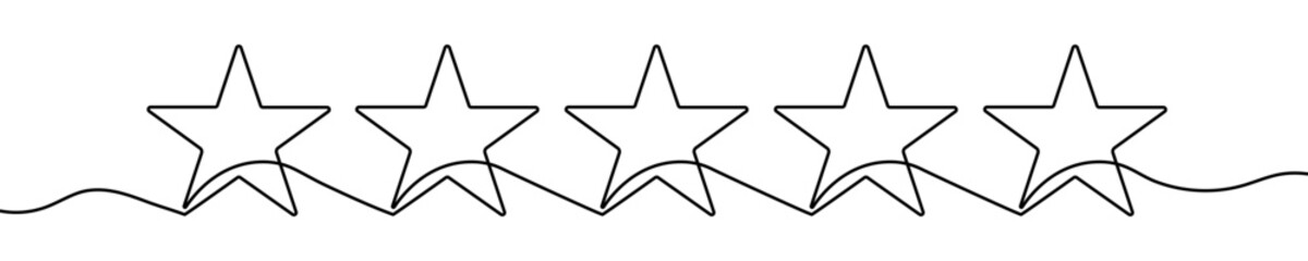 Fototapeta premium Illustration of five stars in a row, made in one continuous line. Minimalistic drawing of rating and feedback in the style of one line art. Vector illustration.