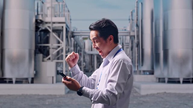 Side View Of An Asian Male Worker With His Smartphone at Industrial Chemical Plant with Row of Stainless Steel Storage Silos, He Raises His Fist Up With Screaming Goal After Check On The Smartphone