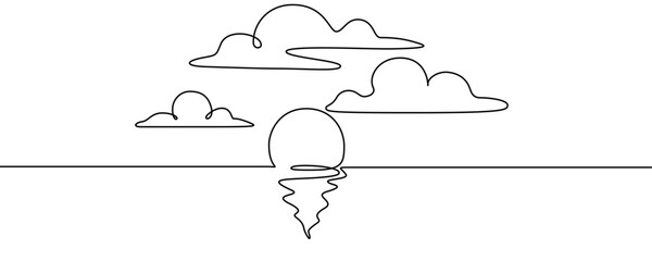 Illustration of a sunset over the water with clouds, made in one continuous line. Minimalistic drawing of a seascape in the style of one line art. Vector illustration. © chekman