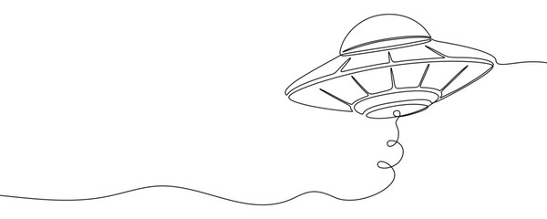 Illustration of a UFO flying saucer, made in one continuous line. Minimalistic drawing of an alien spaceship in the style of one line art. Vector illustration. © chekman